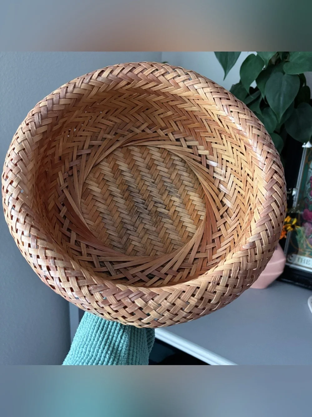 Woven Bamboo Rattan Basket Bowl Natural Boho Cottagecore Home Decor 11”